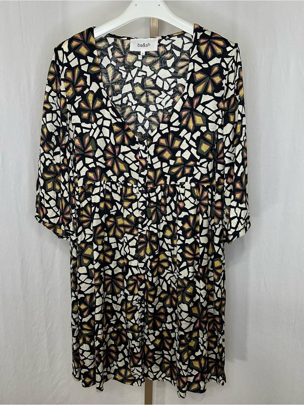 ba&sh Black Floral Mosaic V-Neck Tunic Dress